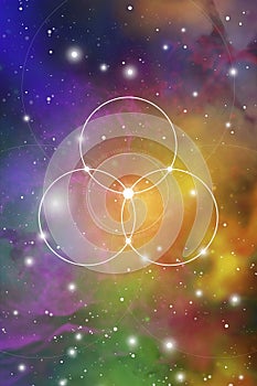 Flower of life - the interlocking circles ancient symbol on outer space background. Sacred geometry. The formula of