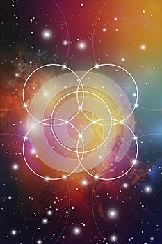 Flower of life - the interlocking circles ancient symbol on outer space background. Sacred geometry. The formula of