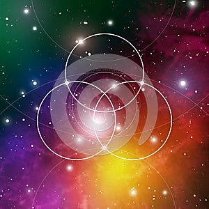 Flower of life - the interlocking circles ancient symbol on outer space background. Sacred geometry. The formula of nature.