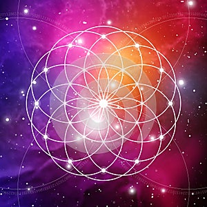 Flower of life - the interlocking circles ancient symbol on outer space background. Sacred geometry. The formula of nature.