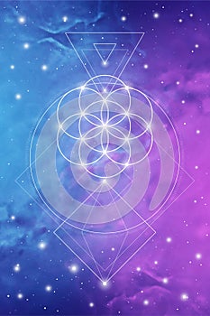 Flower of life sacred geometry spiritual new age futuristic illustration in front of cosmic background