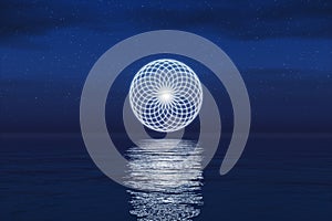 Flower of Life Sacred Symbol over endless ocean water and stars sky Universe background. 3D Rendering Concept