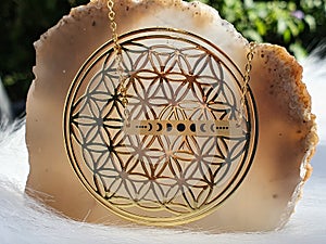 Necklace moon fases cycle gemstone gold flower of life on agate photo