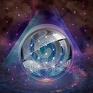 Flower of life symbol, portal, life soul journey through abstract Universe doorway