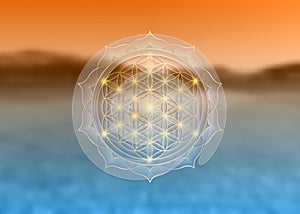 Flower of Life, Yantra Mandala in the lotus flower, Sacred Geometry. logo Symbol of Harmony and Balance, Glowing Geometrical sign