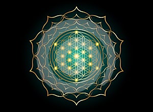 Flower of Life, Yantra Mandala in the lotus flower, Sacred Geometry. Bright golden symbol of harmony and balance. Mystical gold