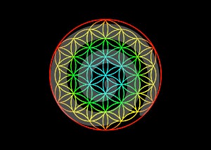 Flower of Life, Yantra Mandala, Sacred Geometry. Bright glowing rainbow colored symbol of harmony and balance. Vector isolated