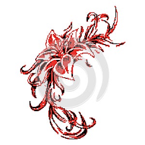 Flower Lily with petals red, painted in squares, pixels. Vector illustration