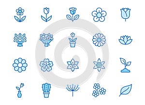 Flower line icon set. Rose, tulip in vase, fruit bouquet, spring blossom, cactus minimal vector illustration Simple blue