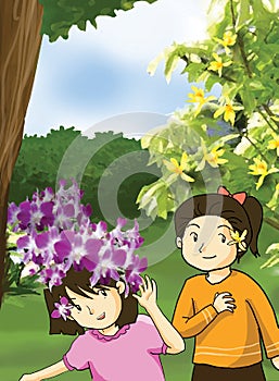 Flower and little girls illustration photo