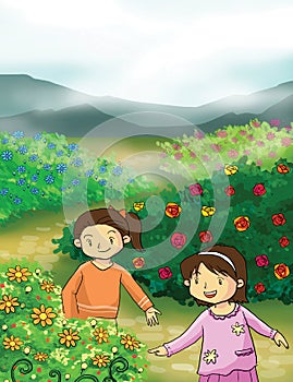 Flower and little girls illustration photo