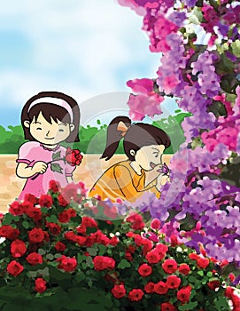 Flower and little girls illustration photo