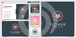 Flower logo with modern gradient style and business card design template Premium Vector