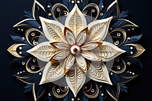 Flower mandala in beige and blue color in paper cut style closeup. Floral quilling background