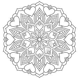 Flower mandala with hearts. Coloring page for Valentine`s