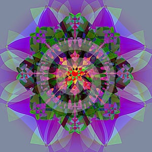 FLOWER MANDALA. PLAIN GRAY BACKGROUND. COLORFUL IMAGE IN PURPLE, LILAC, OLIVE, GREEN, PINK