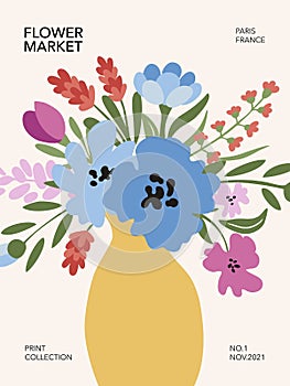 Flower market poster with meadow flowers in a vase. Printable wall art. Vector illustration.