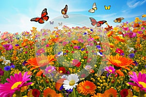 Flower meadow with butterfly in the sky. Nature blurred background, selective focus.