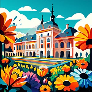 Flower meadow with church in the background. Vector illustration. Generative AI