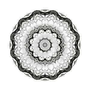 Flower monochrome botanical vector mandala with the blossoming lotus is isolated on a white background. Page for coloring