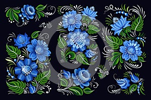 Flower motif. Folk floral summer colors, exotic plants design, indian garden art, vintage spring jungle decor elements