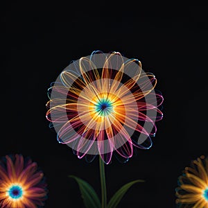 Flower Multicolor neon light drawing, tulip flowers isolated on black background Glowing line artt.