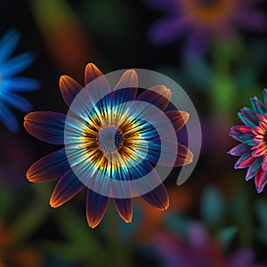 Flower Multicolor neon light drawing, tulip flowers isolated on black background Glowing line artt.