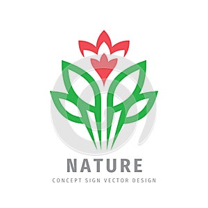 Flower nature concept logo design. Abstract tulip flower green leaves symbol. Health care sign.