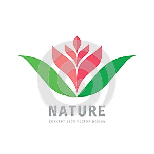 Flower nature concept logo design. Abstract tulip flower green leaves symbol. Health care sign. Vector illustration