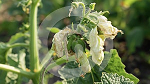 The flower now withered and shriveled showing signs of successful pollination as a tiny developing vegetable begins to photo