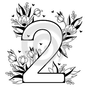 Flower number. Decorative floral pattern numbers two. Big 2 with flowers, buds, branches, leaves and hearts. Vector