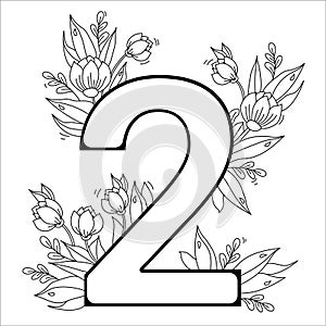 Flower number two. Decorative pattern 2 with flowers, tulips, buds and leaves. Vector illustration isolated on white background.