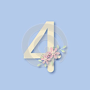 Flower numbers decorated with flowers Elegant numbers 4 with botanical leaves and flowers for wedding invitation and card design c
