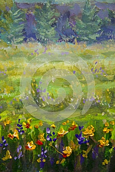 Flower oil painting. Violet, orange yellow flowers field close-up, oil paintings landscape impressionism artwork.