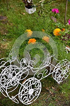 Flower in the original flowerpot stand in a cart with wheels in