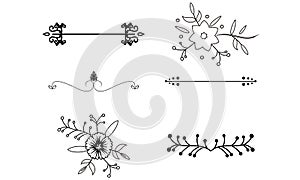 Flower ornament dividers. Hand drawn vines decoration, floral ornamental divider and sketch leaves ornaments