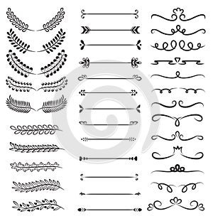 Flower ornament dividers. Hand drawn vines decoration, floral ornamental divider and sketch leaves ornaments. Ink flourish and