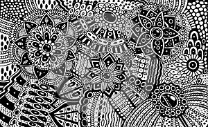 Flower ornament with patterns and leaves. Zendoodle surreal coloring page for adults. Abstract trippy pattern. Psychedelic art. photo