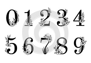 Flower ornate numbers. Elegant blossom number, floral sprigs date and numeric monogram vector illustration set photo
