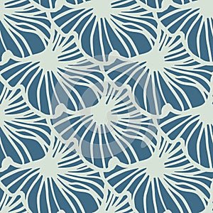 Flower outline silhouettes seamless pattern. Simple grey contoured ornament on navy blue background