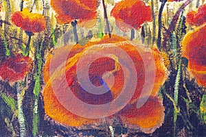 Flower painting on canvas. Red poppies big flowers close up.