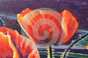 Flower painting on canvas. Red poppies big flowers close up