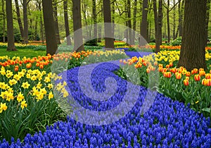 Flower path: bluebells, tulips, daffodils in spring garden