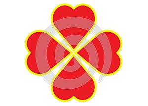 A flower pattern formed by four similar heart shapes in red with yellow rim