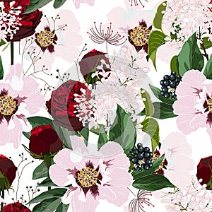 Flower pattern with hand drawn wild flora roses and peony. Realistic isolated seamless flower, blooming wild print, blooming reali