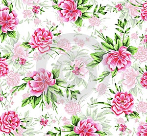 Flower pattern. Pink bouquets peonies. Idea for textiles, prints for clothes and other. Watercolor. Botanical painting.