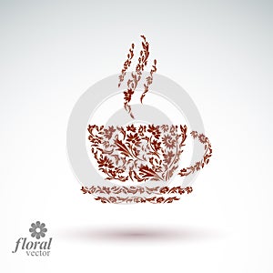 Flower-patterned cup of coffee with aromatic steam. Rendezvous t