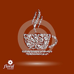 Flower-patterned cup of coffee with aromatic steam. Rendezvous t