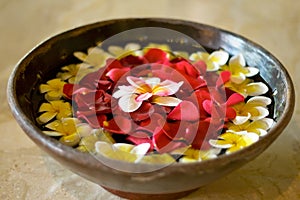 Flower petals in a bowl at a spa