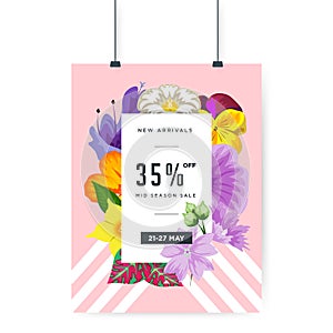 Flower petals on pink background. 35% Sale banner template design. Big sale special offer. Special offer banner for poster, flyer